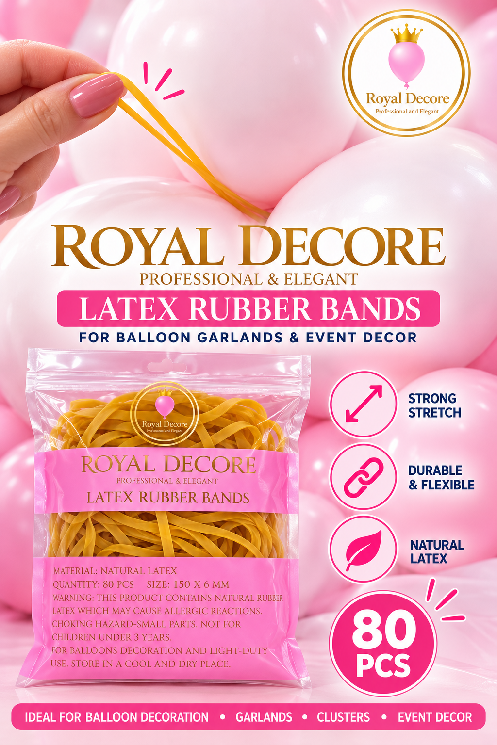 Natural latex rubber bands for balloons (150 x 6 mm) pack of 80