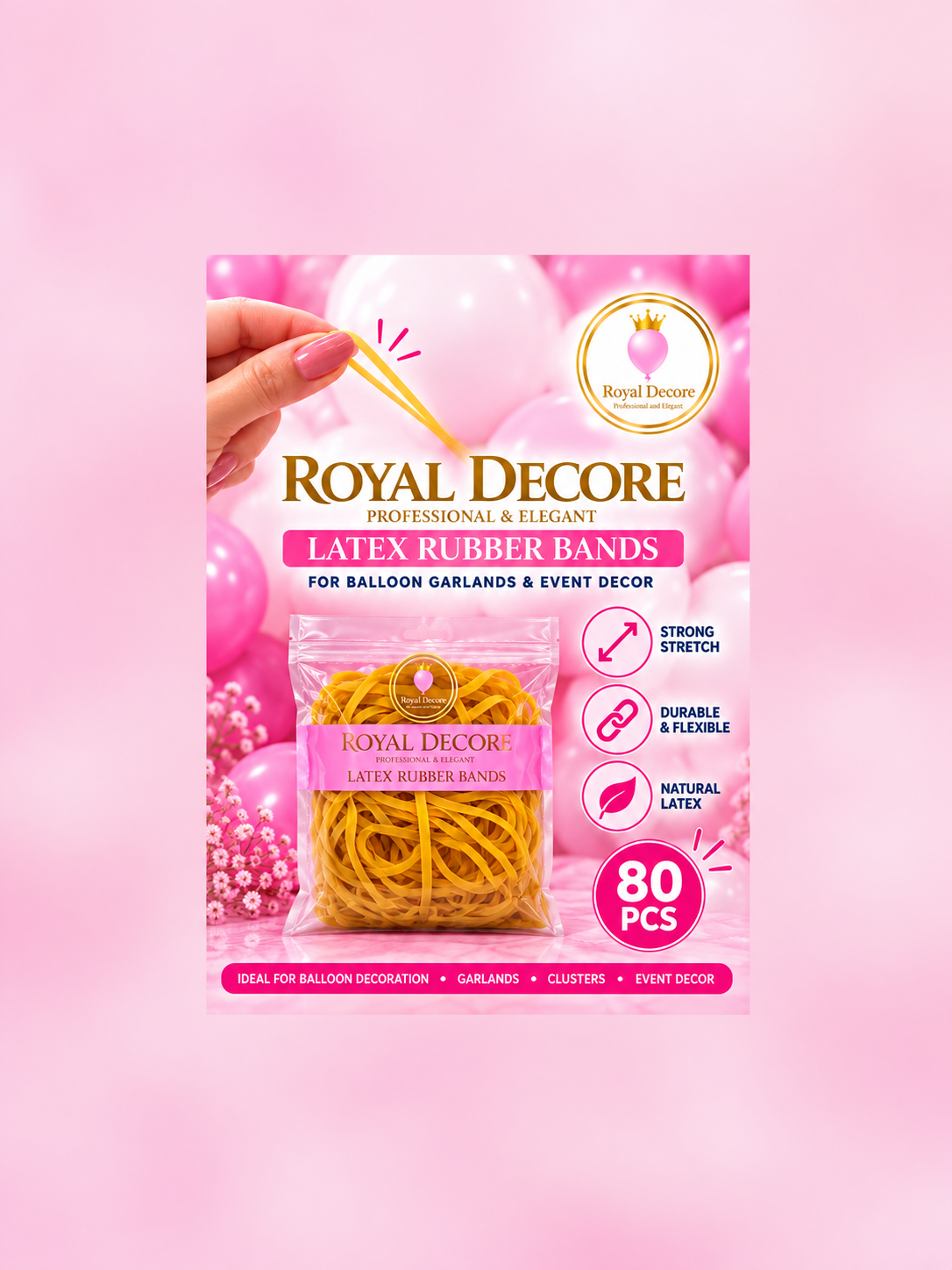 Natural latex rubber bands for balloons (150 x 6 mm) pack of 80